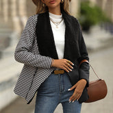 Lapel Long Sleeve Patchwork Sherpa Fleece Houndstooth Coat - Shah S. Sahota